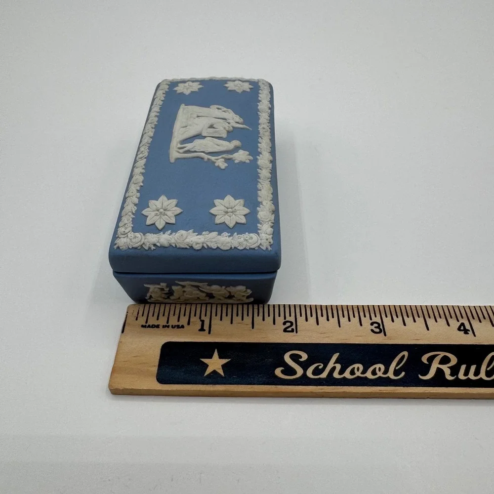 Wedgwood Blue Jasperware Rectangular Trinket Box Neoclassical Made in England